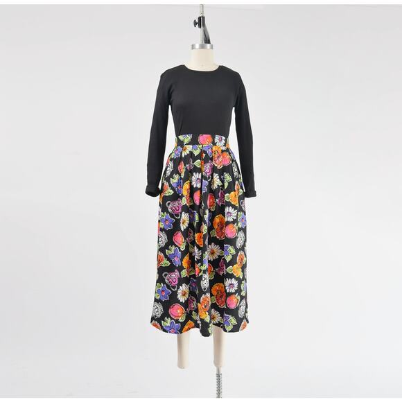 Vintage Cute Floral Vase Pottery Print Full Pleated Midi Skirt with Pockets M - Picture 2 of 9